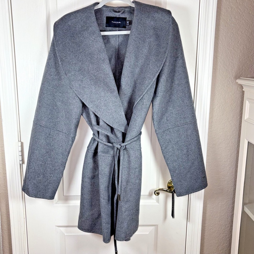 Tahari Women's XXL Gray WrapCoat Wool Blend Tie Snap NWT $350 Elegant Mid-Length